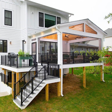 Covered deck with open-riser stairs